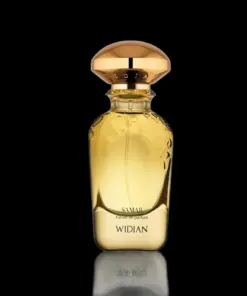 Flacone di Samar Gold Collection - Extrait de Parfum unisex su sfondo elegante con luce dorata